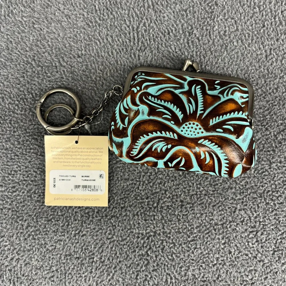 Patricia Nash Borse Coin Purse Women Turquoise Tooled Leather Floral Kiss Lock